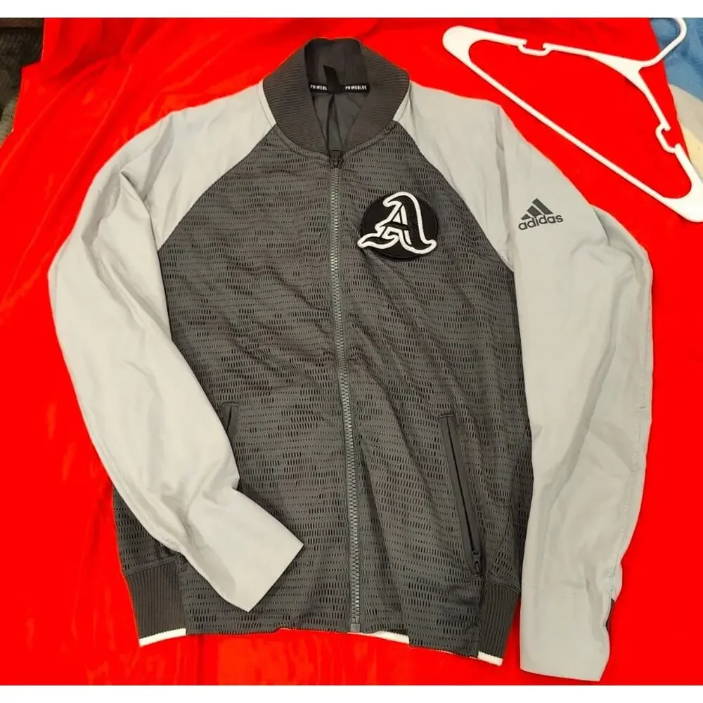 Adidas Track Jacket Mens Medium GREY Removable Patch Athletic Golf full Zip